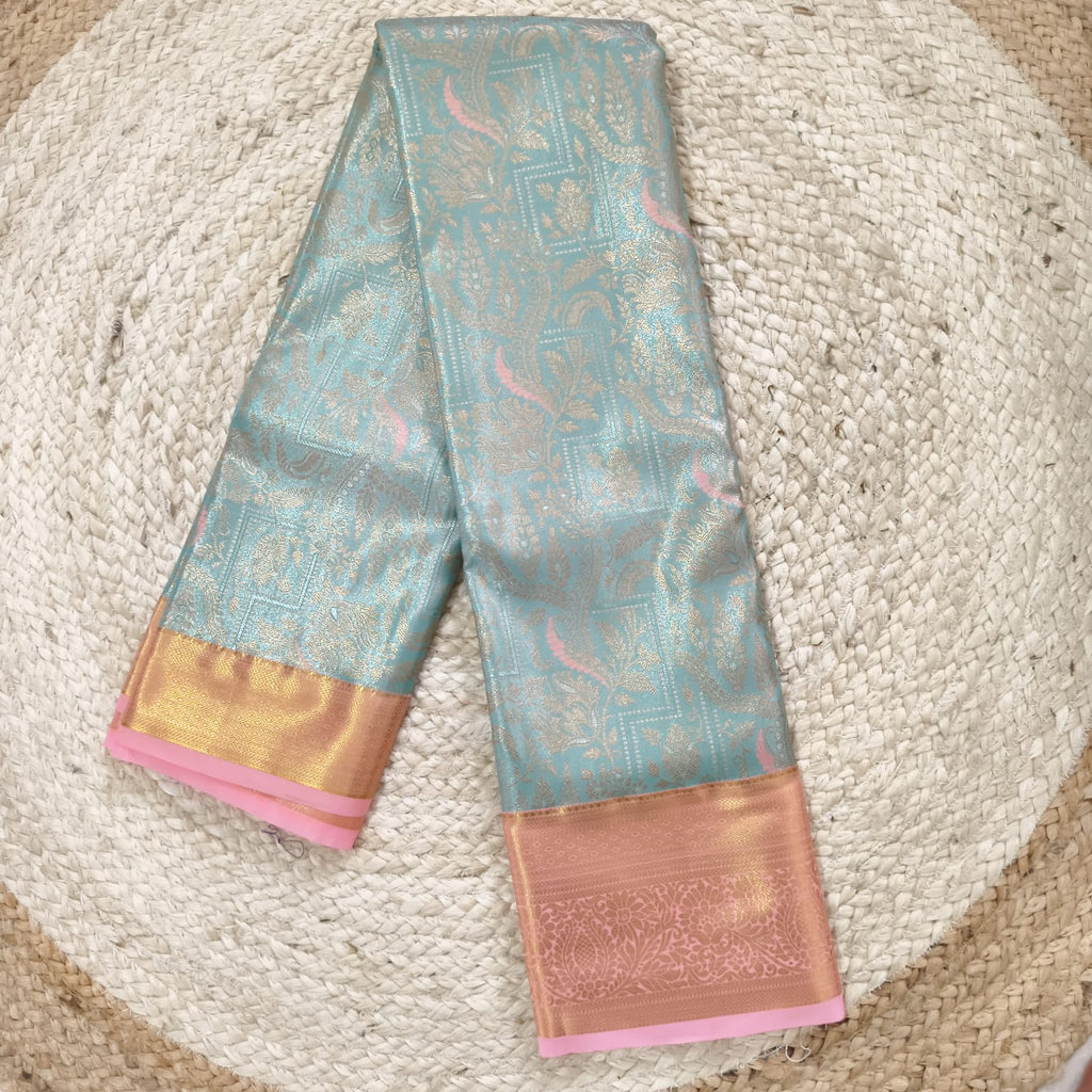 Semi Kanchipuram Tissue Silk Saree- Pastel Aqua Blue and Light Pink Contrast (Copy)