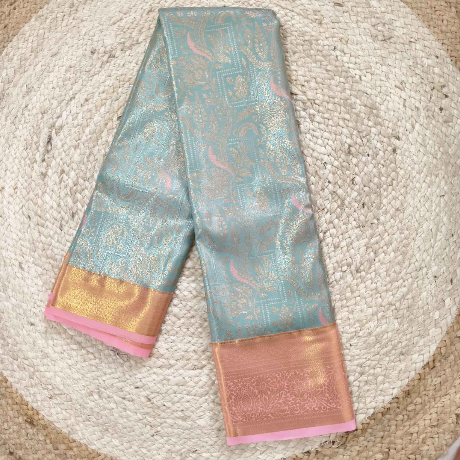 Semi Kanchipuram Tissue Silk Saree- Pastel Aqua Blue and Light Pink Contrast (Copy)
