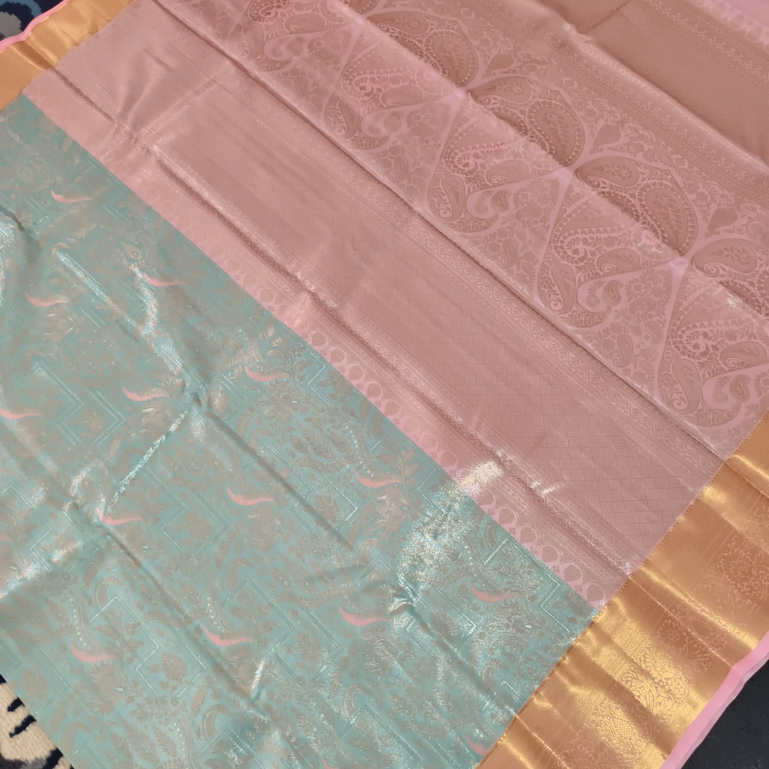 Semi Kanchipuram Tissue Silk Saree- Pastel Aqua Blue and Light Pink Contrast (Copy)
