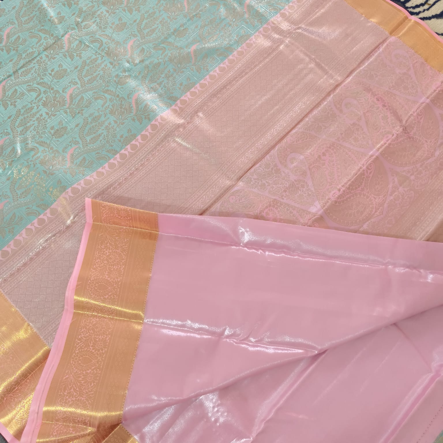 Semi Kanchipuram Tissue Silk Saree- Pastel Aqua Blue and Light Pink Contrast (Copy)