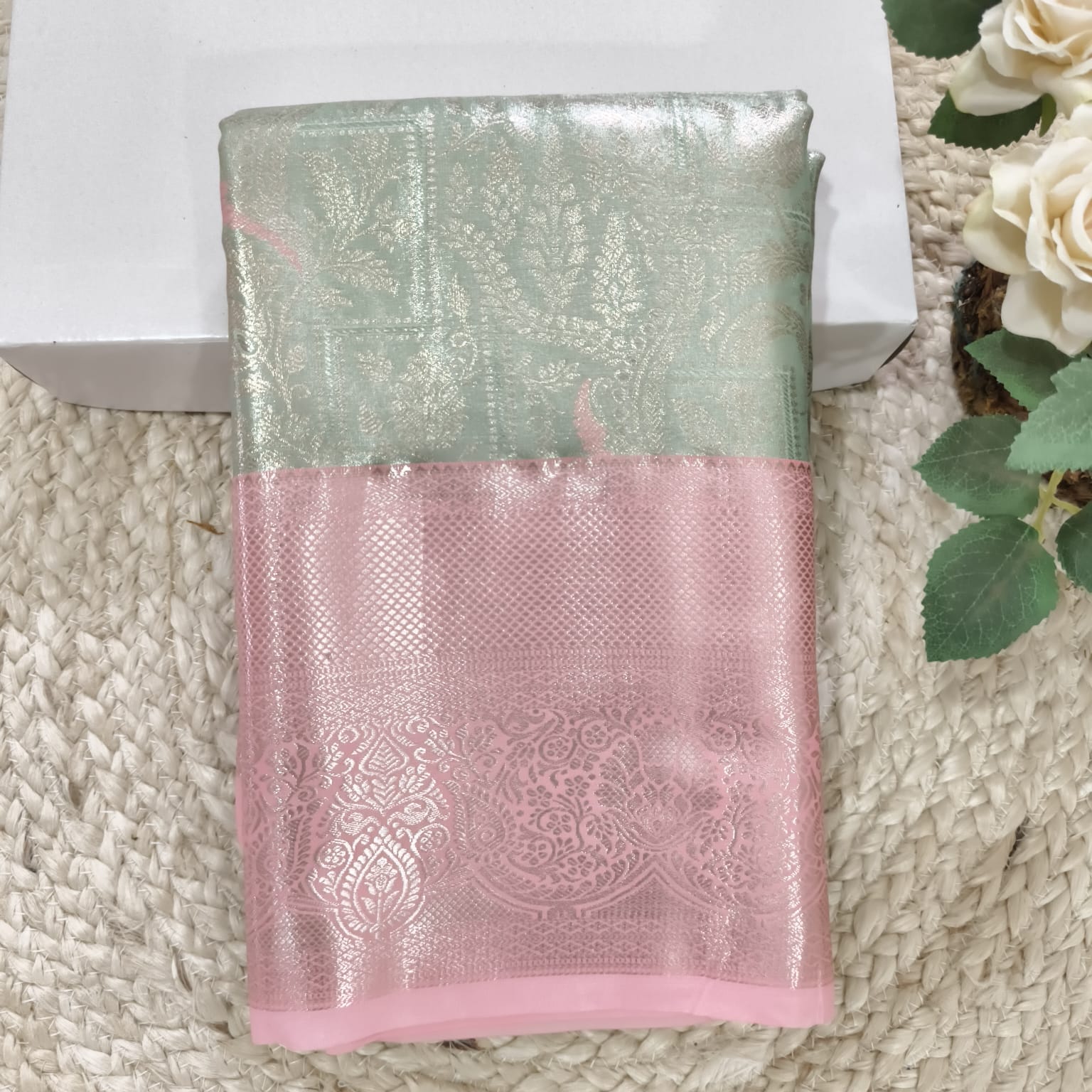 Semi Kanchipuram Tissue Silk Saree- Pastel Green and Light Pink Contrast