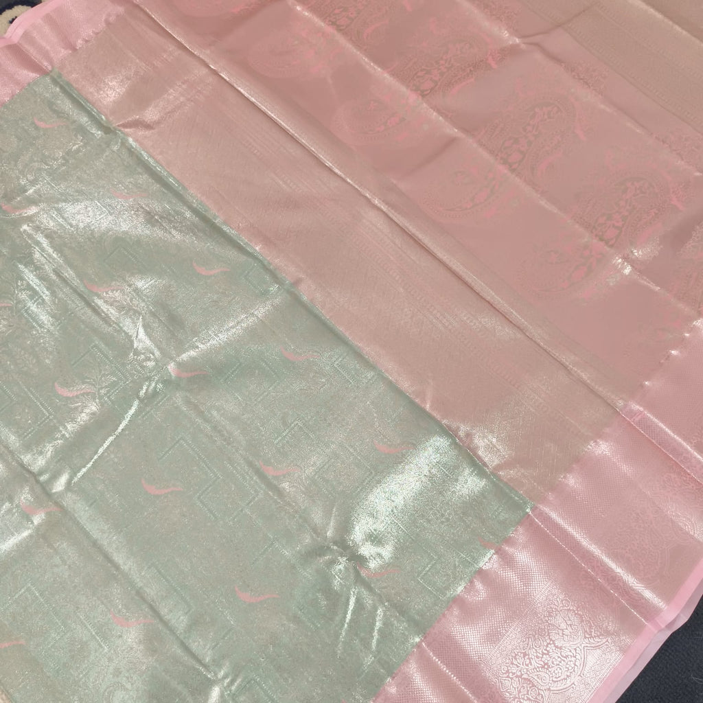 Semi Kanchipuram Tissue Silk Saree- Pastel Green and Light Pink Contrast