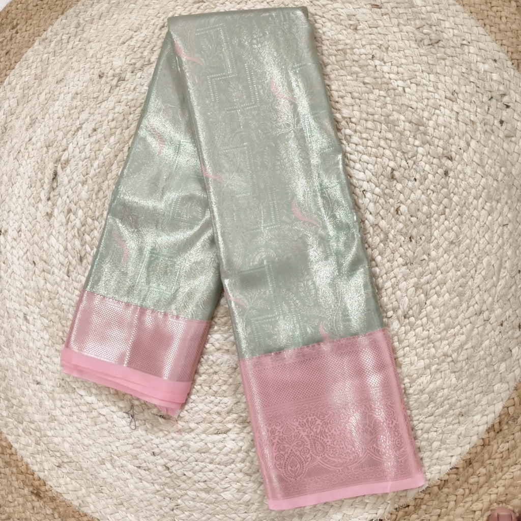 Semi Kanchipuram Tissue Silk Saree- Pastel Green and Light Pink Contrast