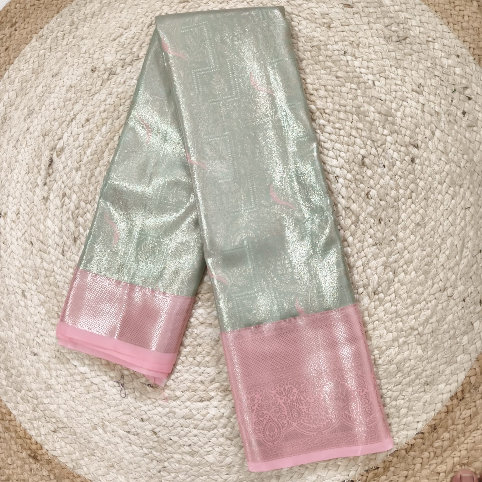 Semi Kanchipuram Tissue Silk Saree- Pastel Green and Light Pink Contrast