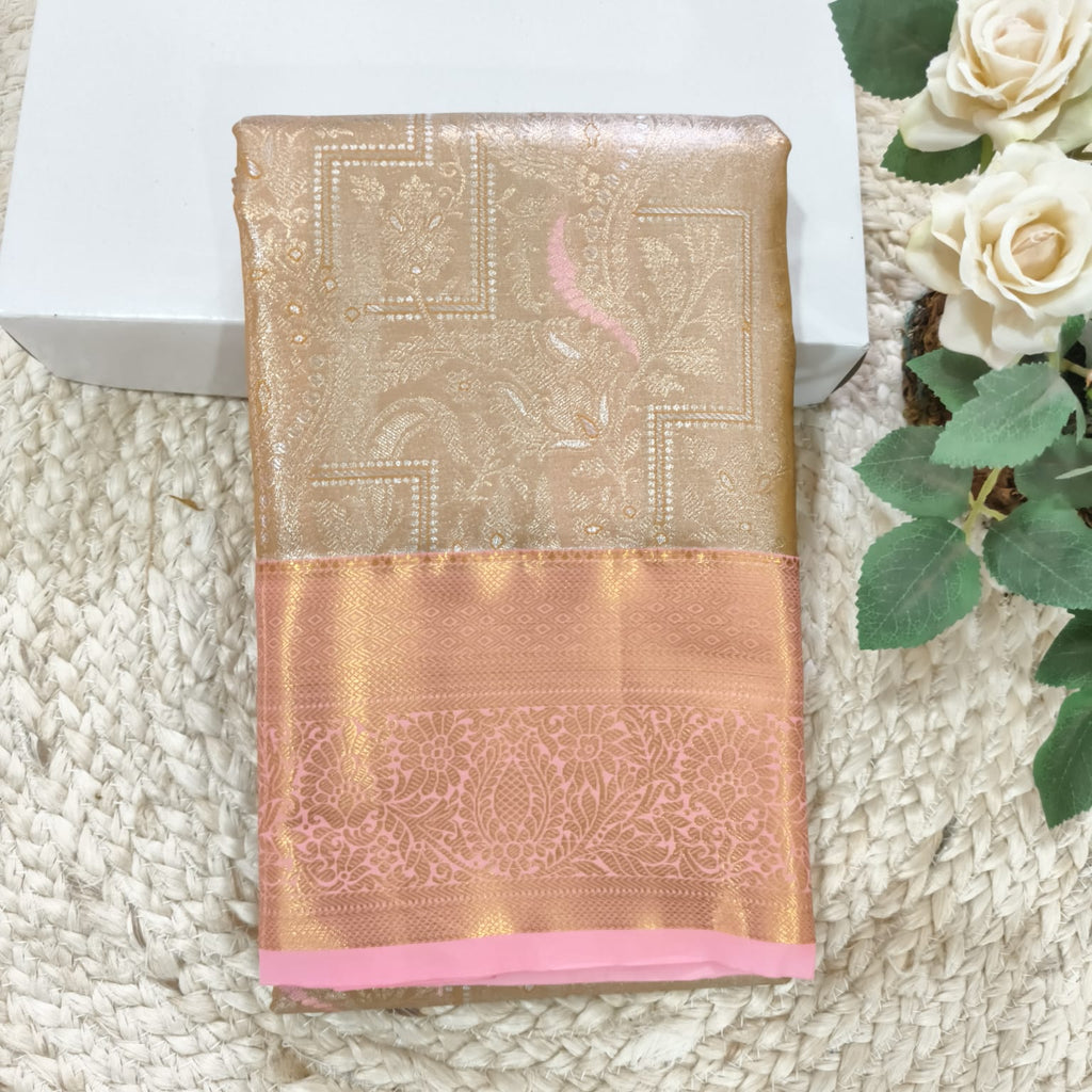 Semi Kanchipuram Tissue Silk Saree- Gold and Light Pink Contrast