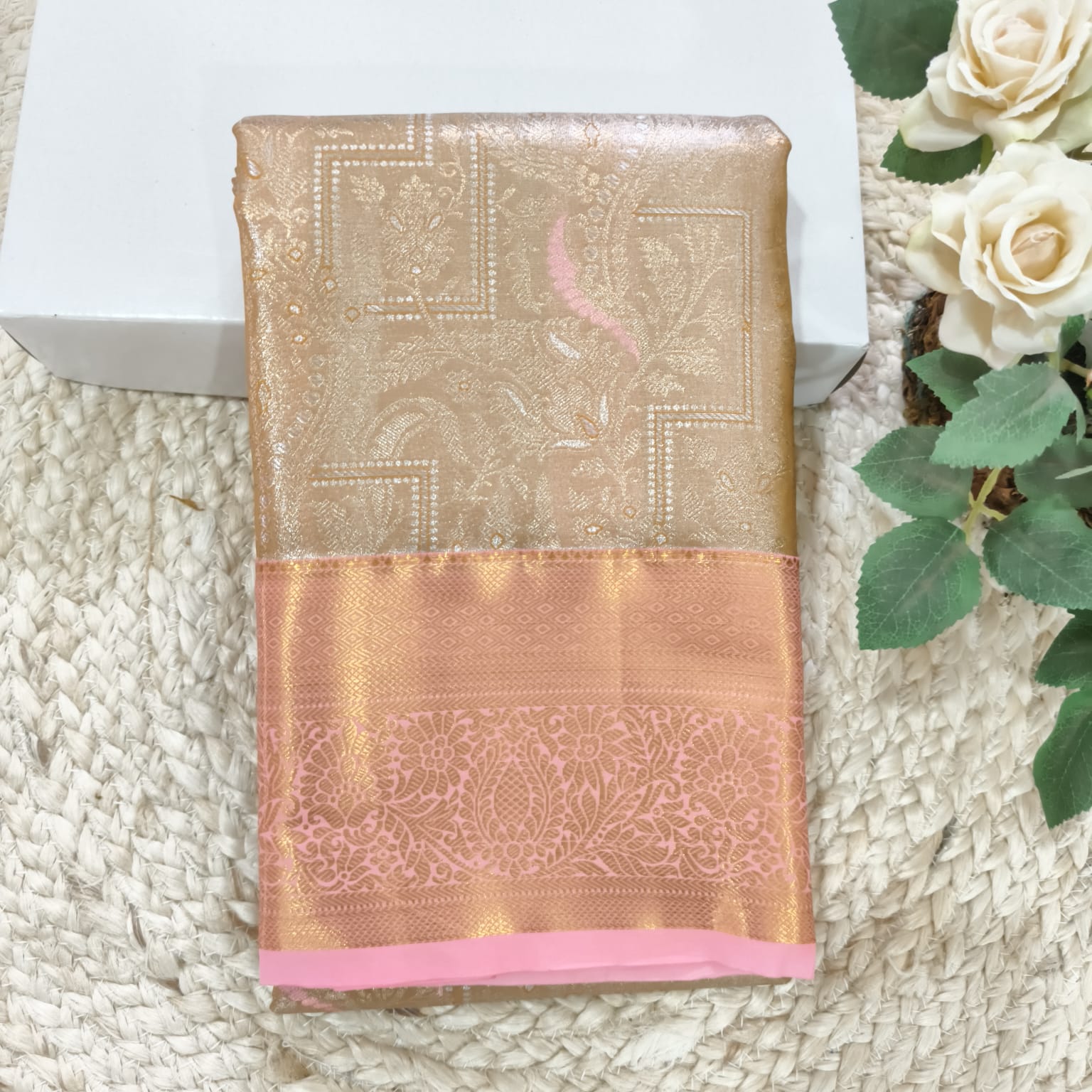 Semi Kanchipuram Tissue Silk Saree- Gold and Light Pink Contrast