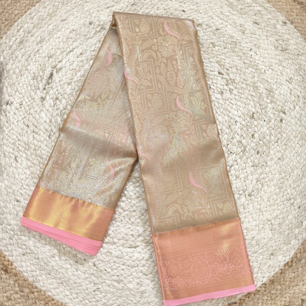 Semi Kanchipuram Tissue Silk Saree- Gold and Light Pink Contrast