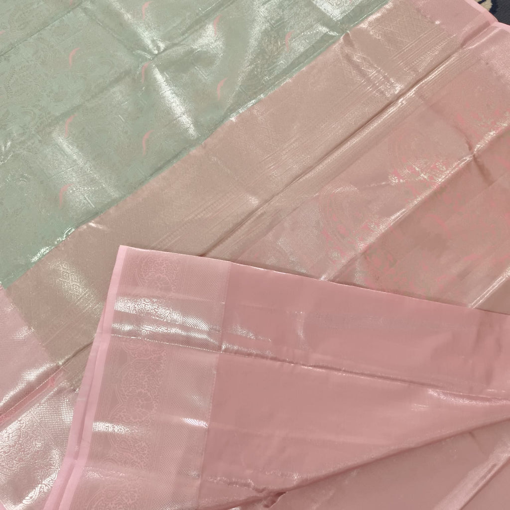 Semi Kanchipuram Tissue Silk Saree- Pastel Green and Light Pink Contrast