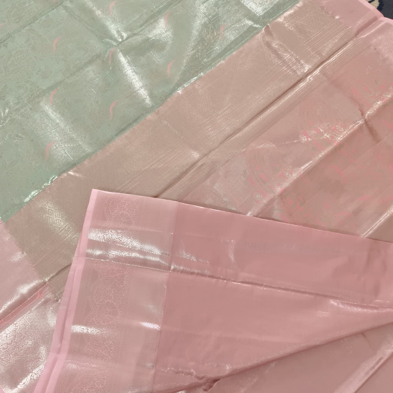 Semi Kanchipuram Tissue Silk Saree- Pastel Green and Light Pink Contrast