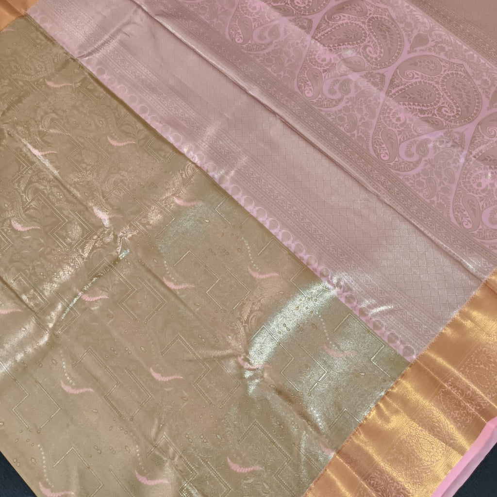 Semi Kanchipuram Tissue Silk Saree- Gold and Light Pink Contrast