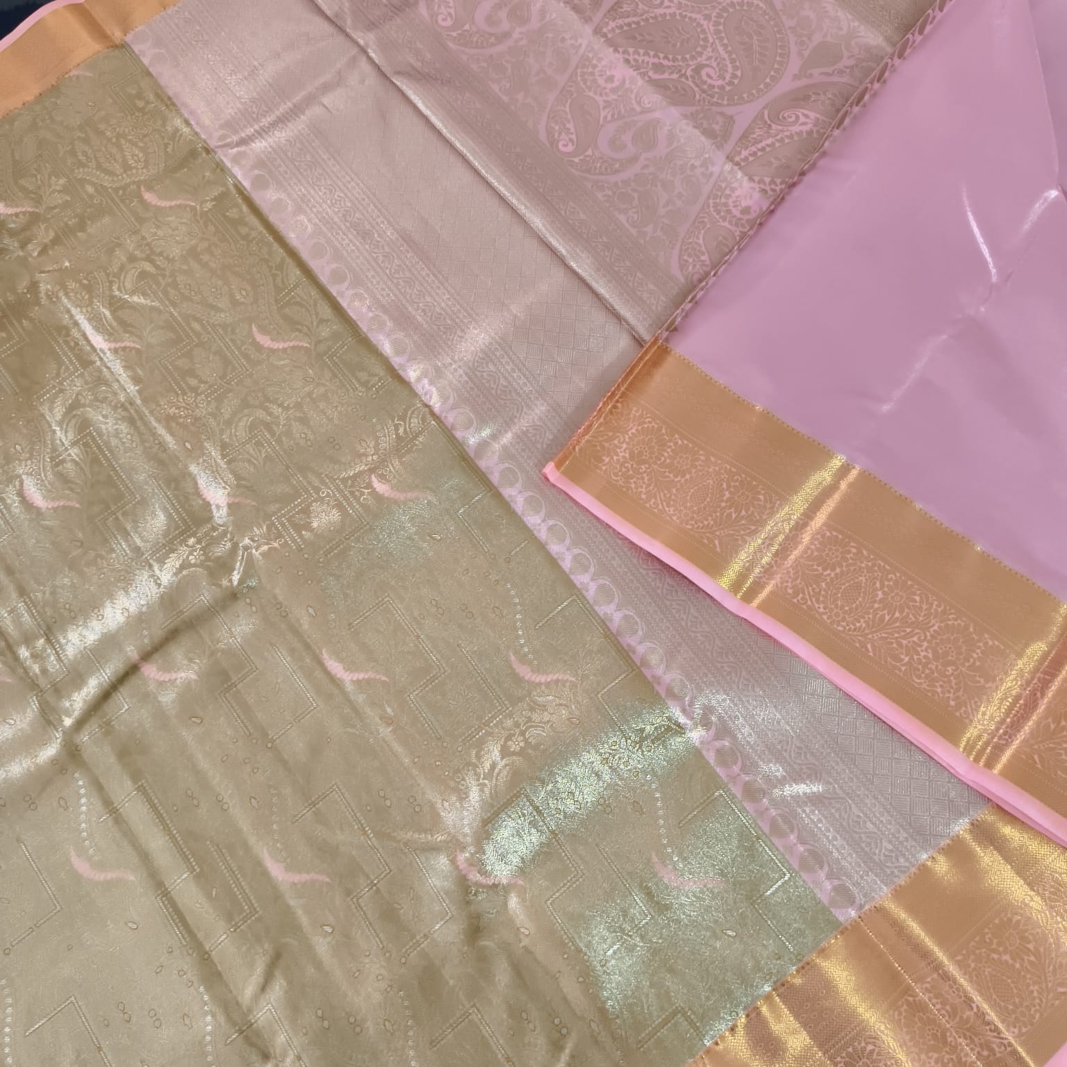 Semi Kanchipuram Tissue Silk Saree- Gold and Light Pink Contrast
