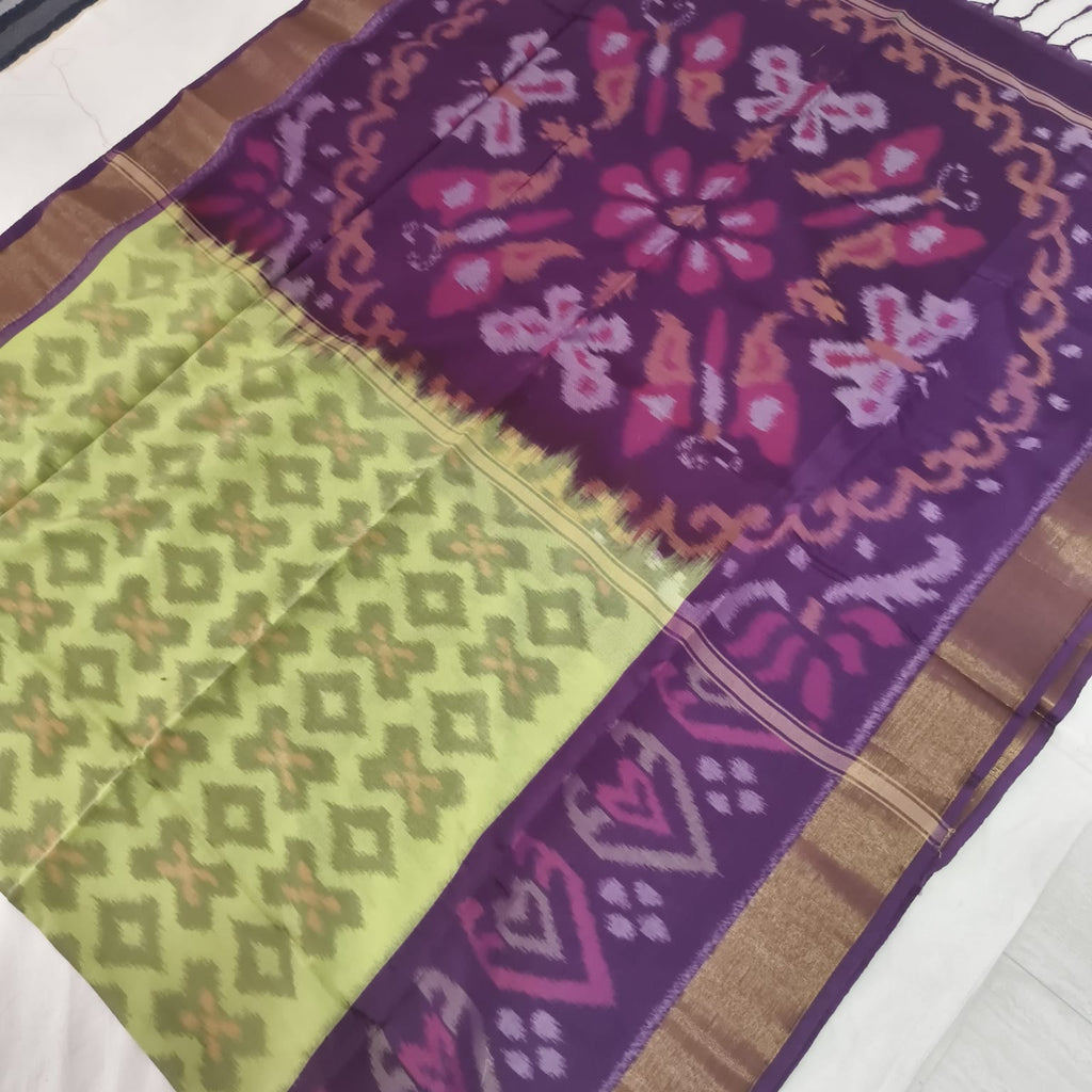 Silk Cotton Saree – Light Pista Green and Purple