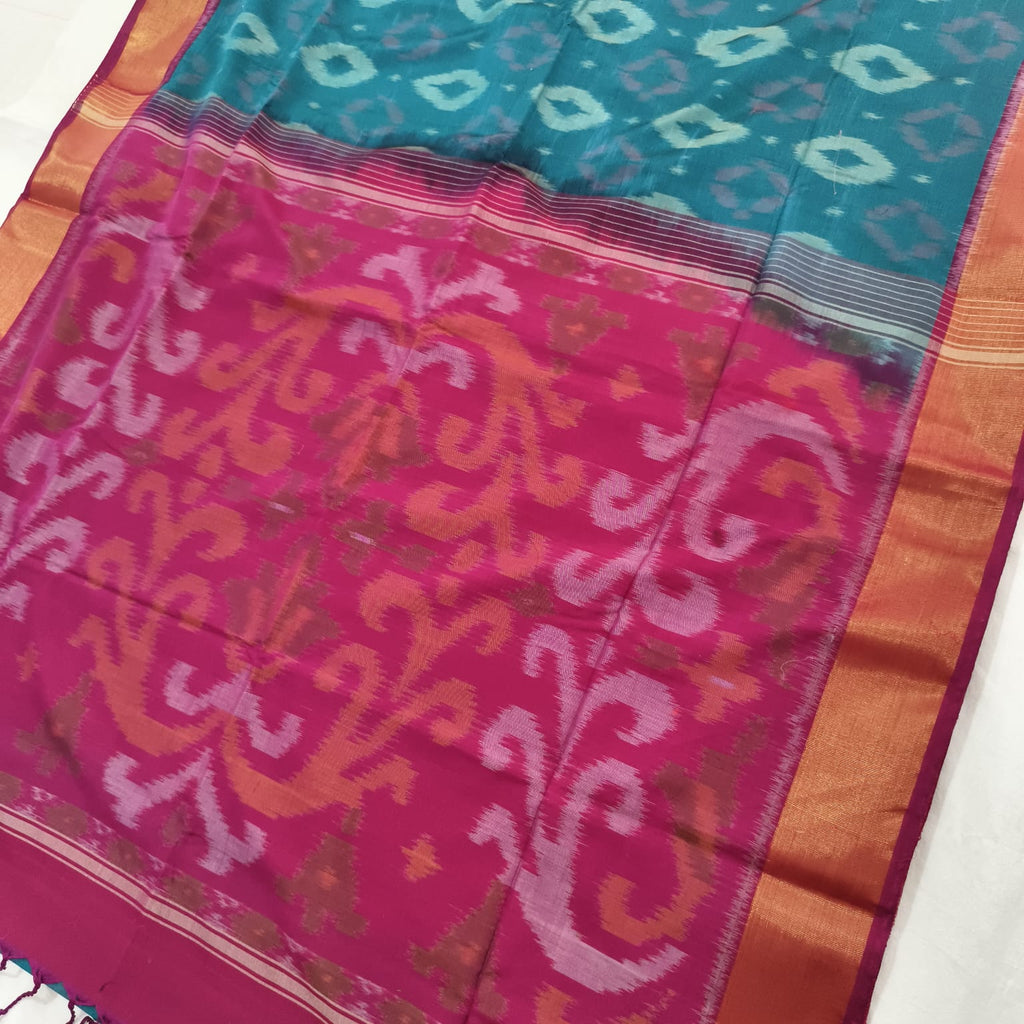 Silk Cotton Saree – Peacock blue & Magenta