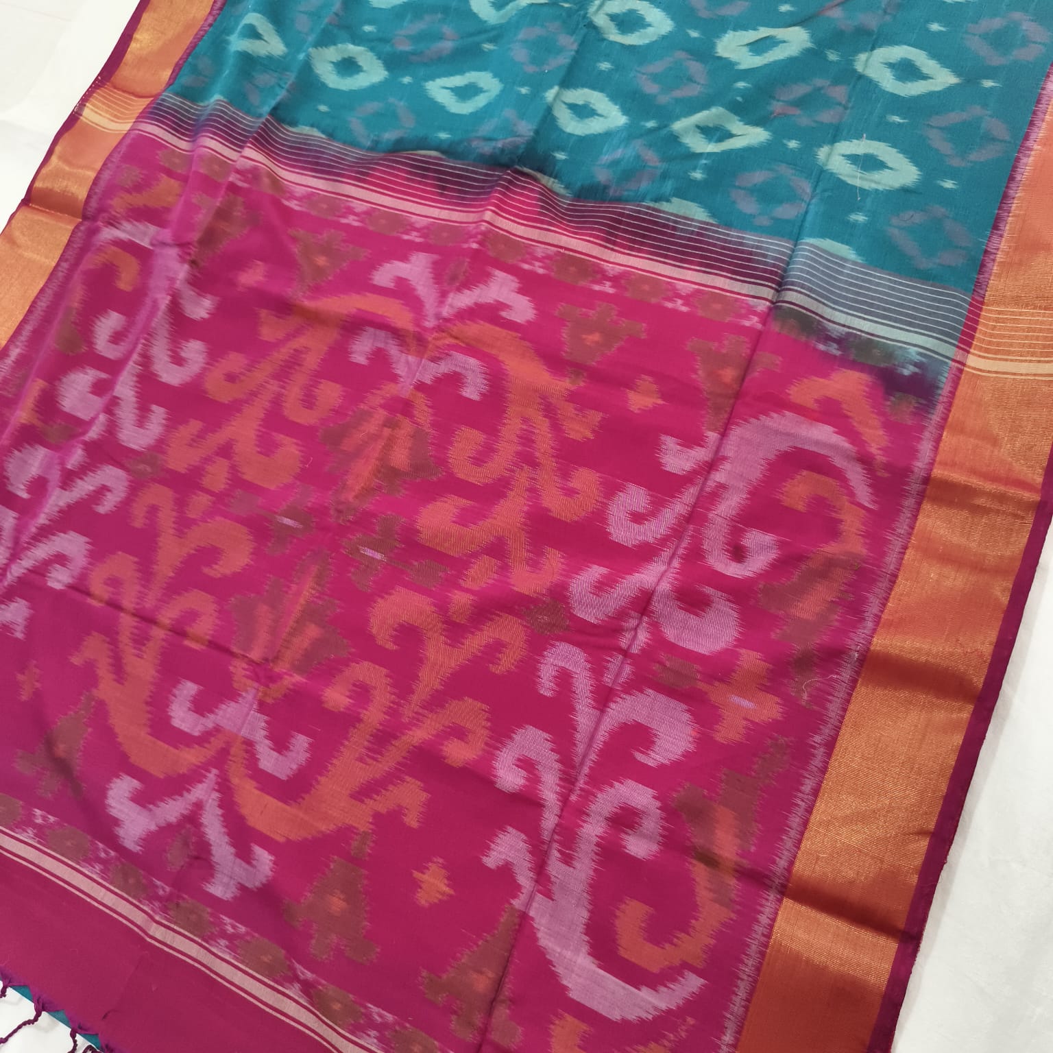 Silk Cotton Saree – Peacock blue & Magenta