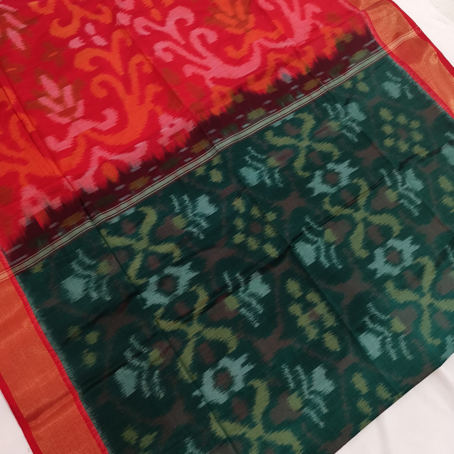 Silk Cotton Saree – Dark  green & Red