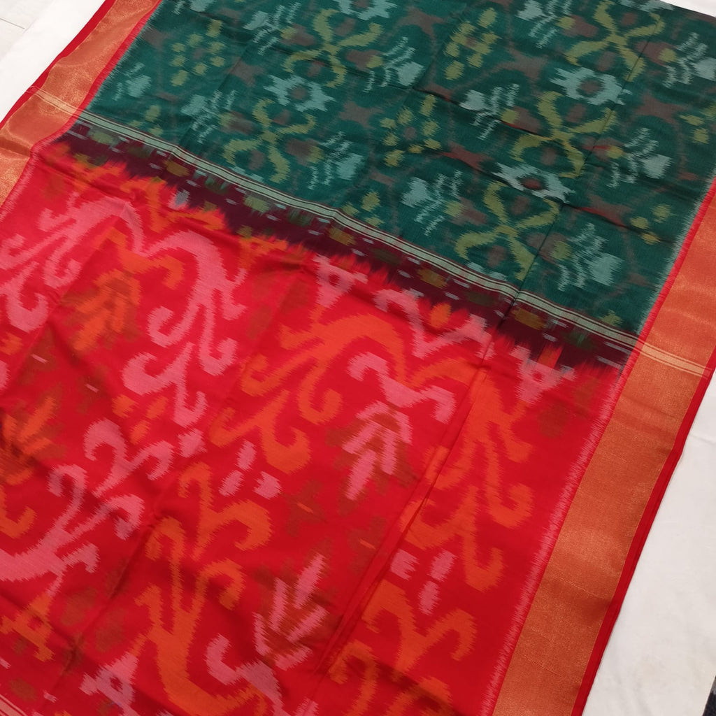 Silk Cotton Saree – Dark  green & Red