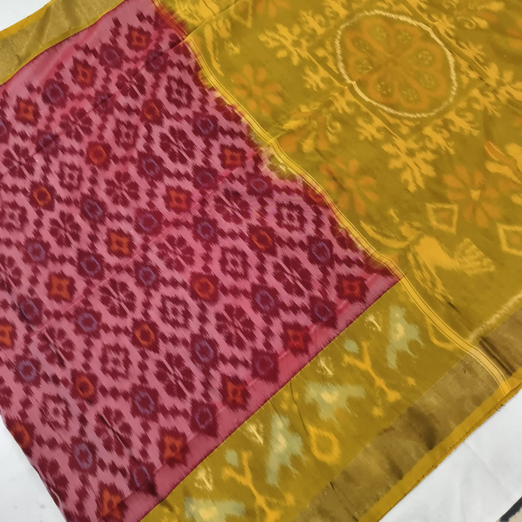 Silk Cotton Saree – Maroon, pink & Mustard yellow