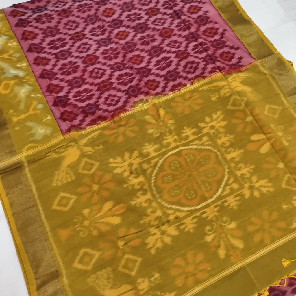 Silk Cotton Saree – Maroon, pink & Mustard yellow