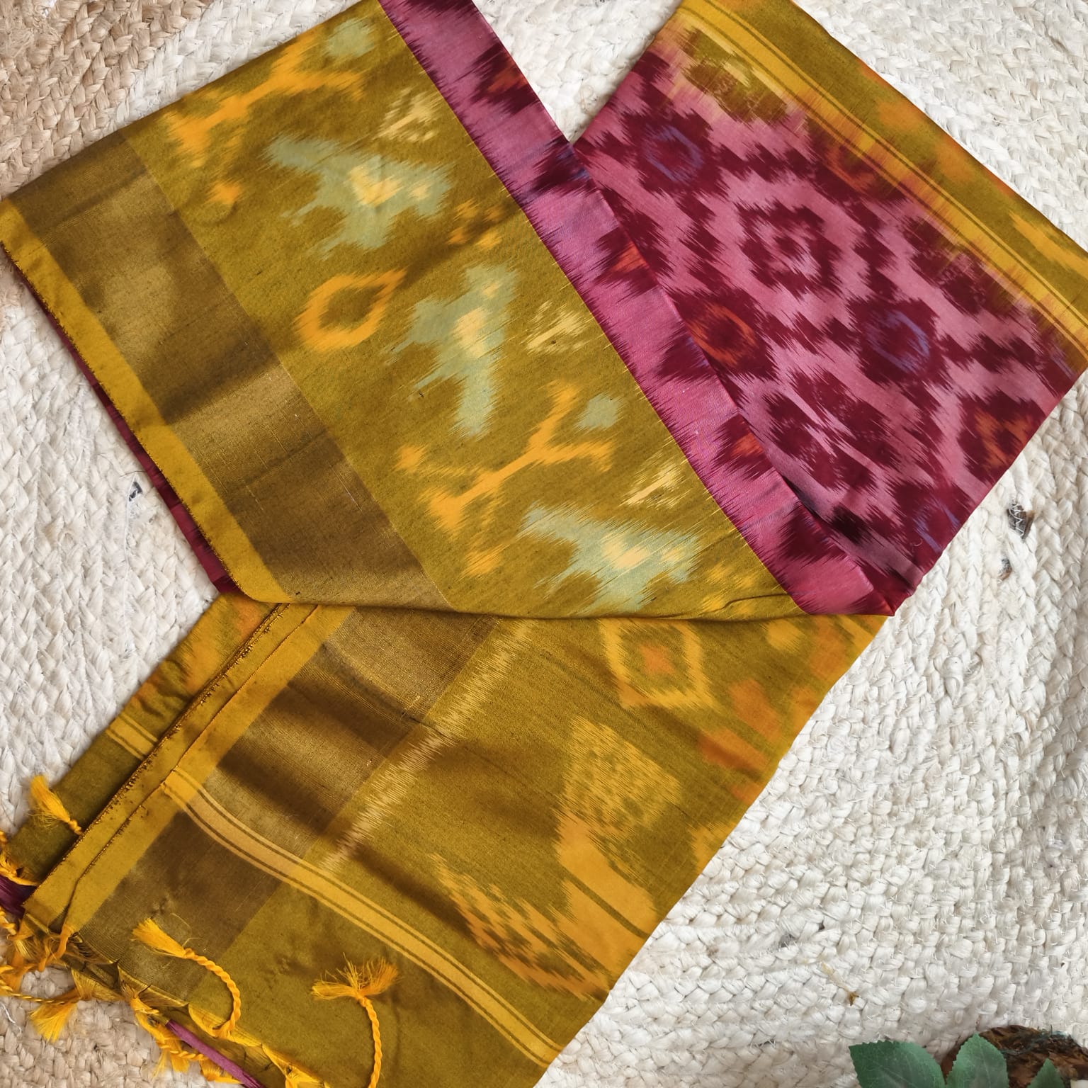 Silk Cotton Saree – Maroon, pink & Mustard yellow