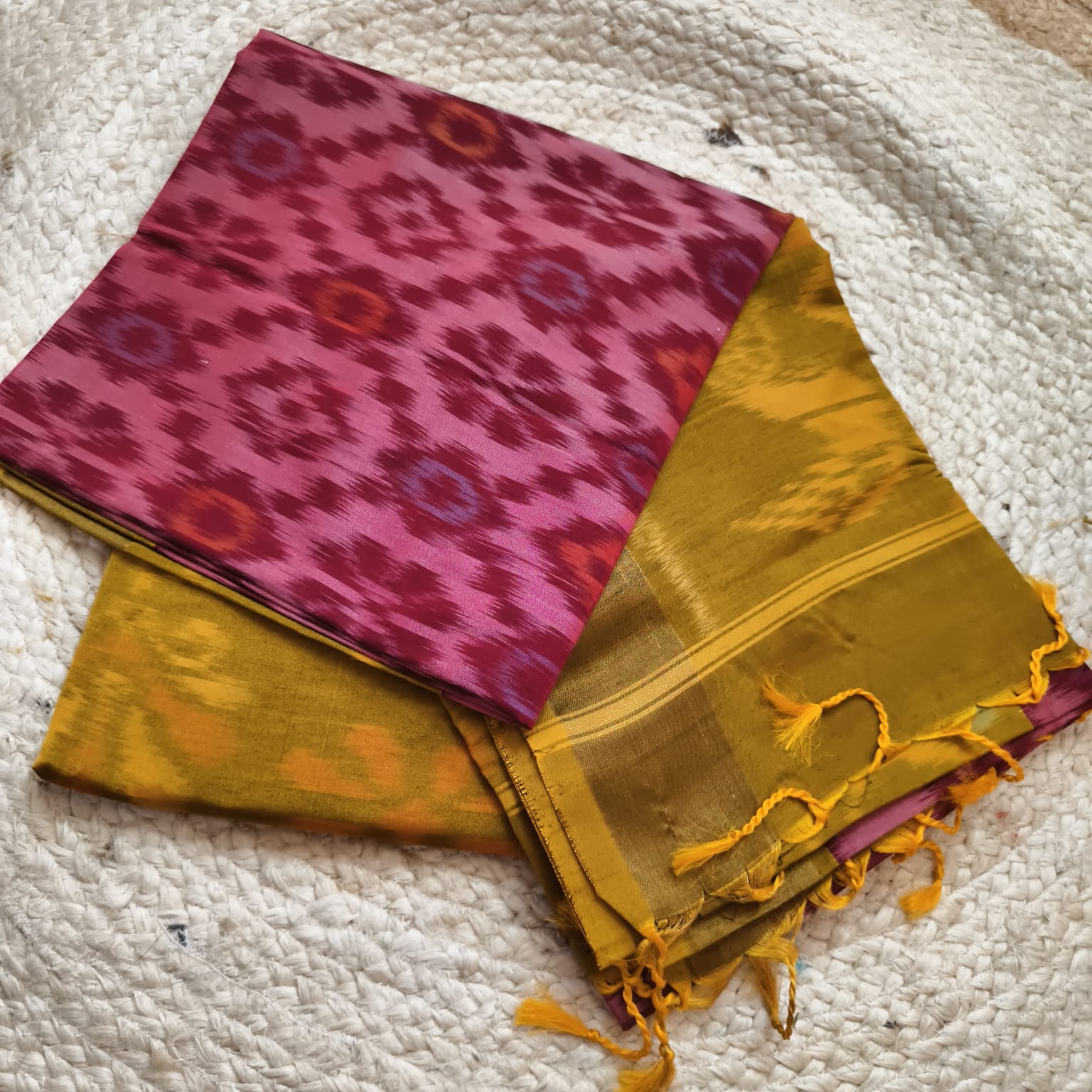 Silk Cotton Saree – Maroon, pink & Mustard yellow