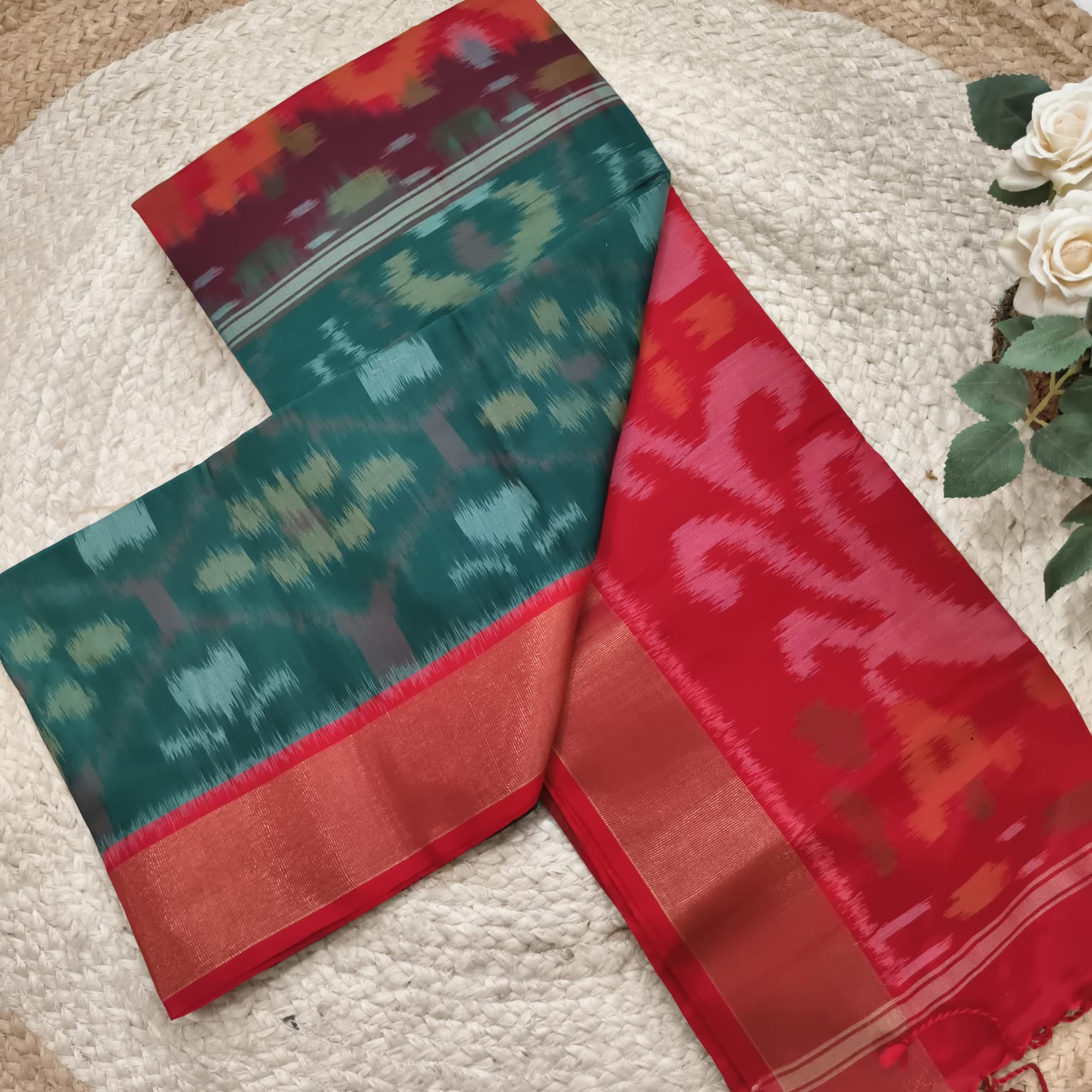 Silk Cotton Saree – Dark  green & Red