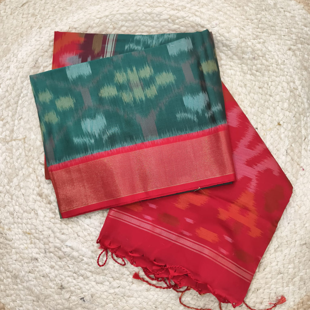 Silk Cotton Saree – Dark  green & Red