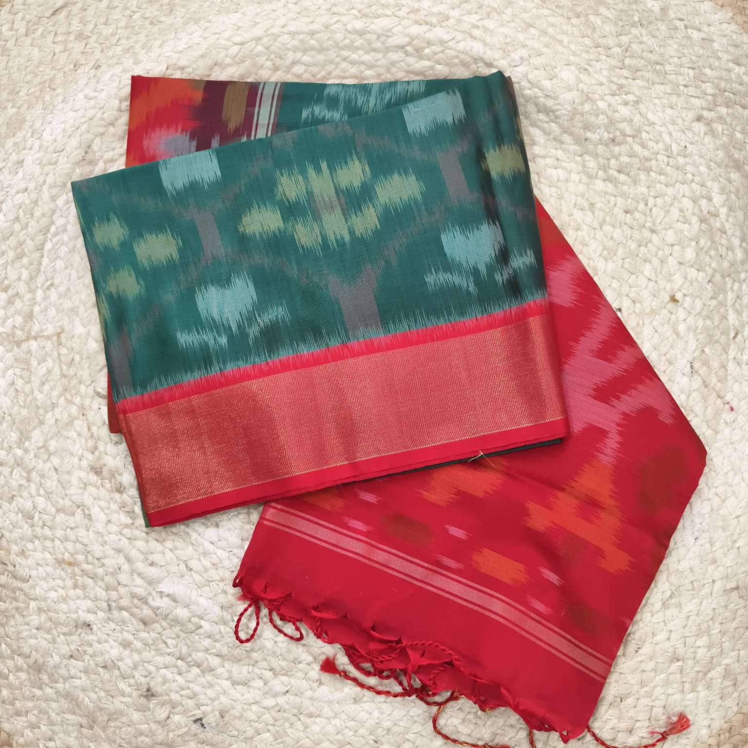 Silk Cotton Saree – Dark  green & Red