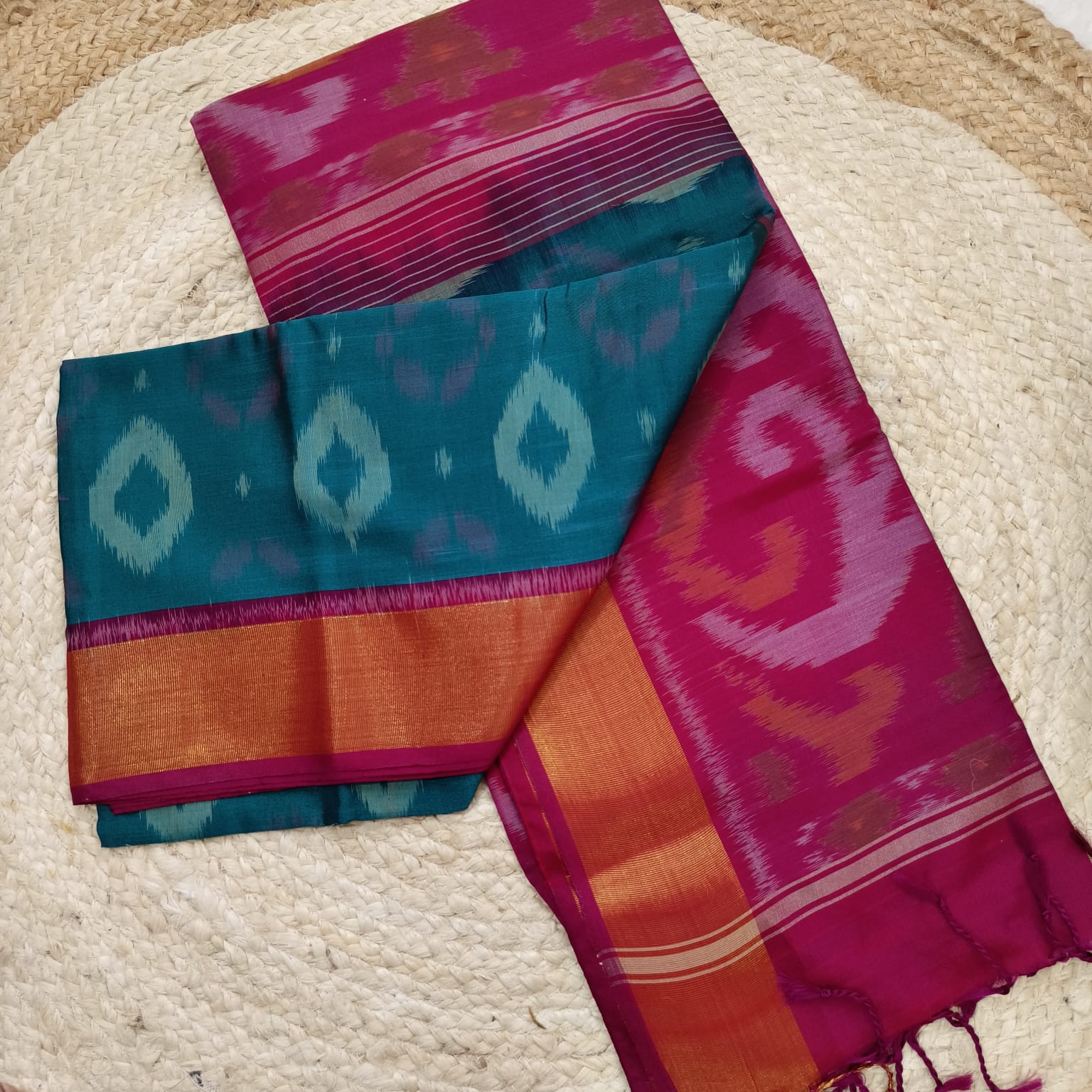 Silk Cotton Saree – Peacock blue & Magenta