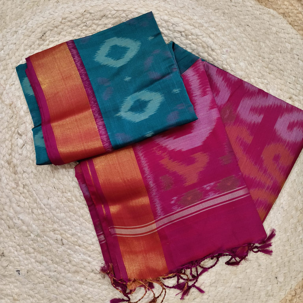 Silk Cotton Saree – Peacock blue & Magenta