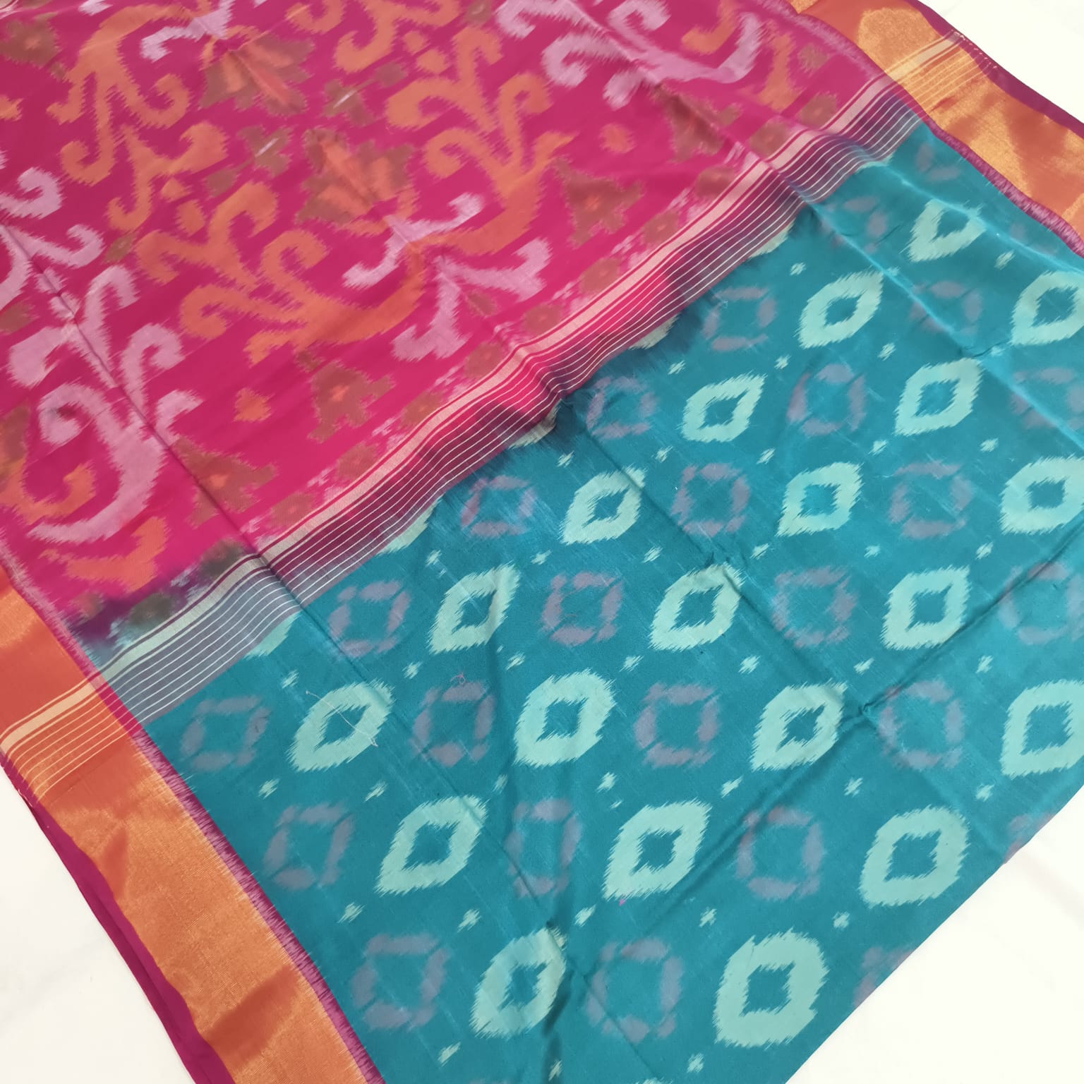 Silk Cotton Saree – Peacock blue & Magenta