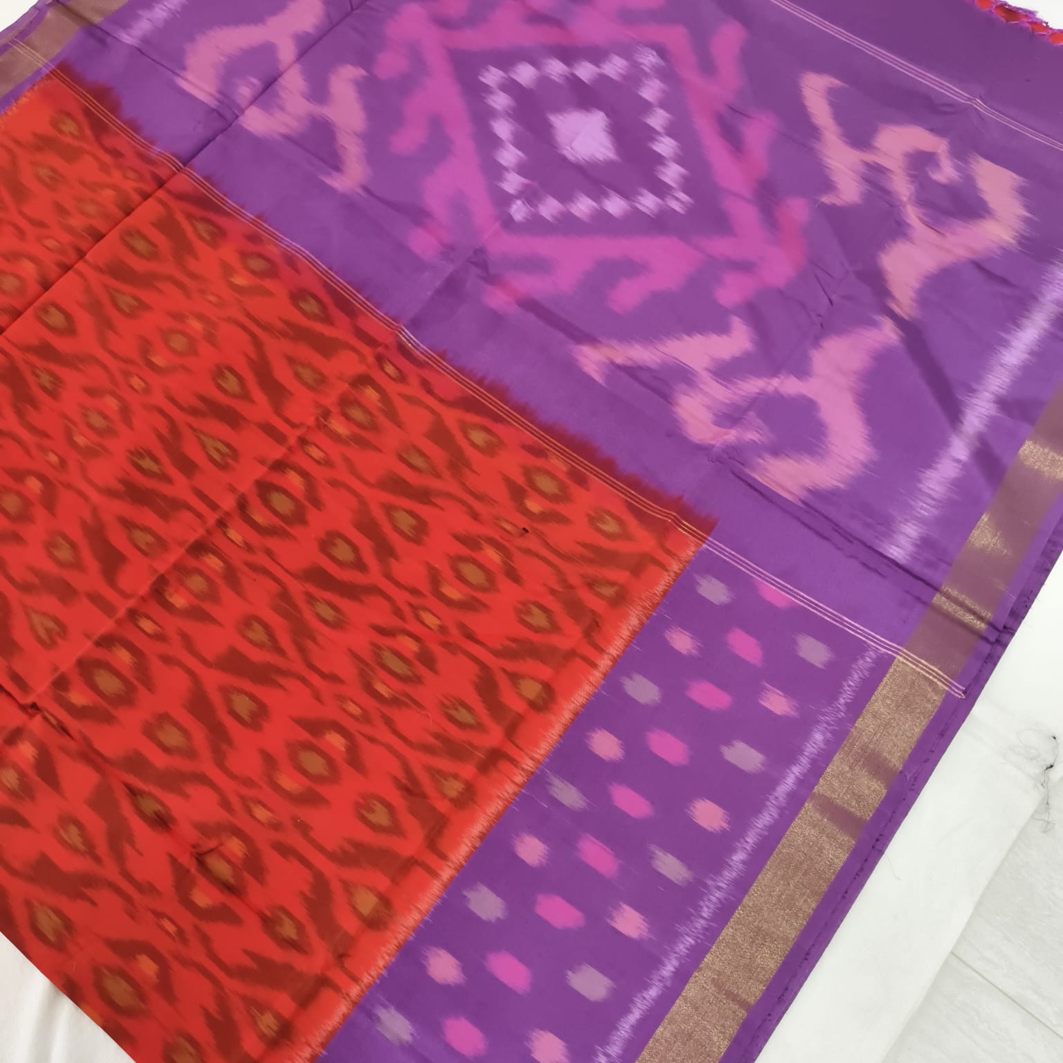 Silk Cotton Saree – Rust Orange & light purple