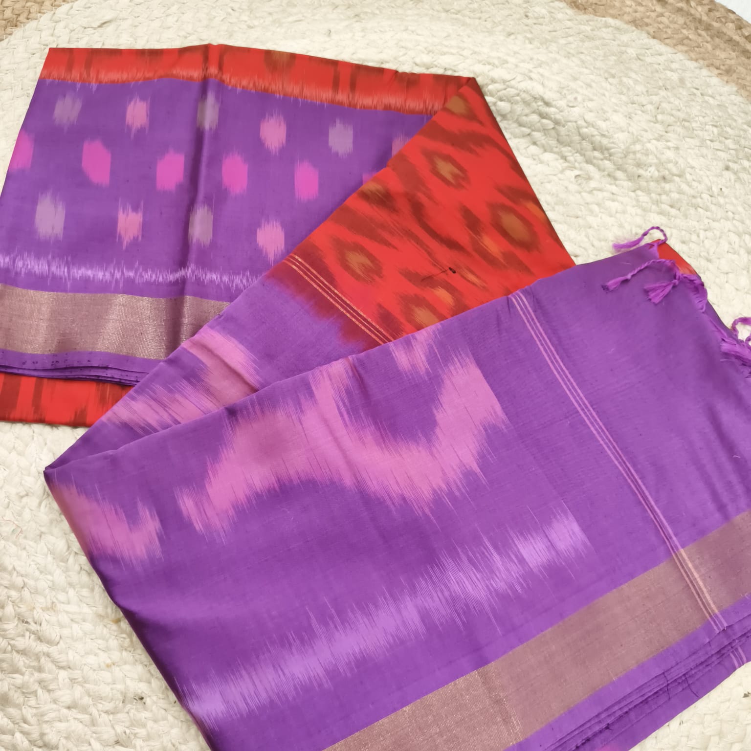 Silk Cotton Saree – Rust Orange & light purple