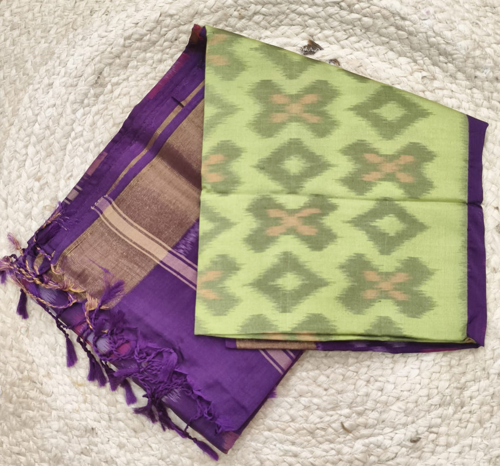 Silk Cotton Saree – Light Pista Green and Purple