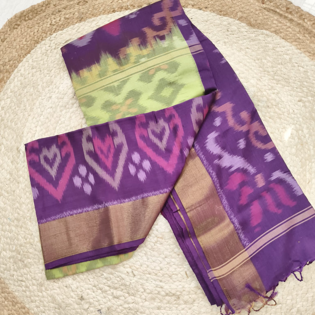 Silk Cotton Saree – Light Pista Green and Purple