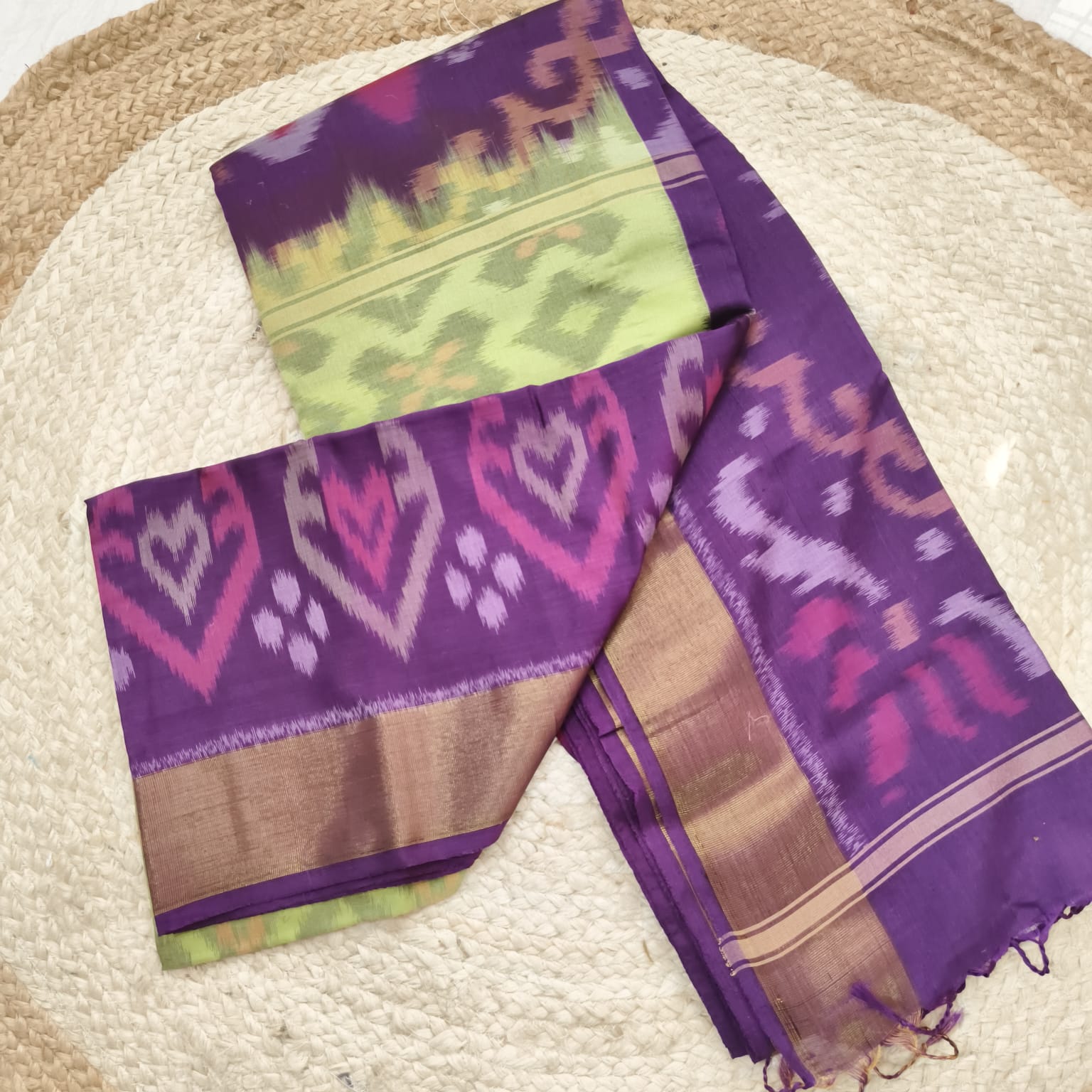 Silk Cotton Saree – Light Pista Green and Purple