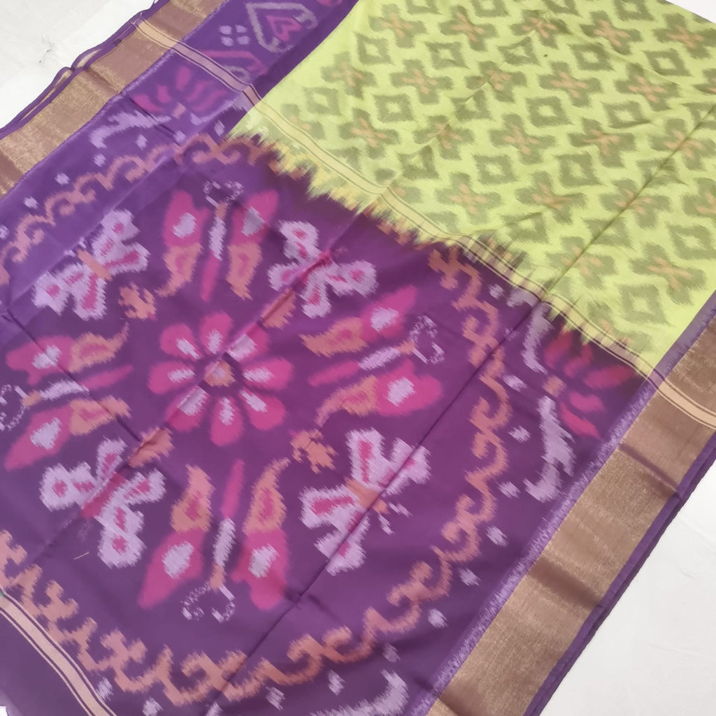 Silk Cotton Saree – Light Pista Green and Purple