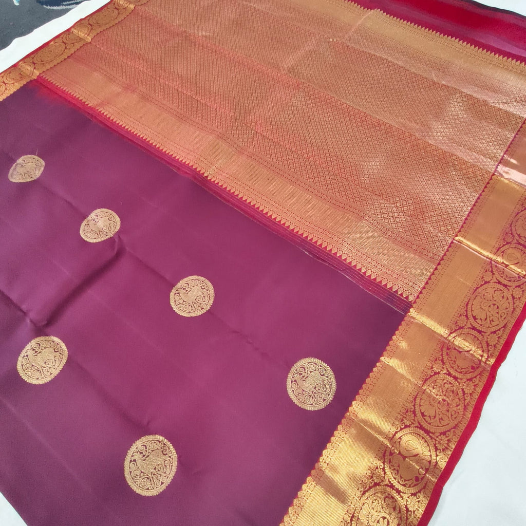 Pure Handloom Kanchipuram Silk Saree -Deep Wine and Maron Contrast