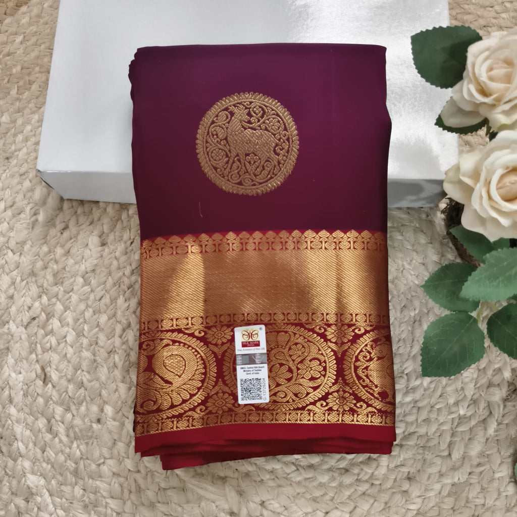 Pure Handloom Kanchipuram Silk Saree -Deep Wine and Maron Contrast