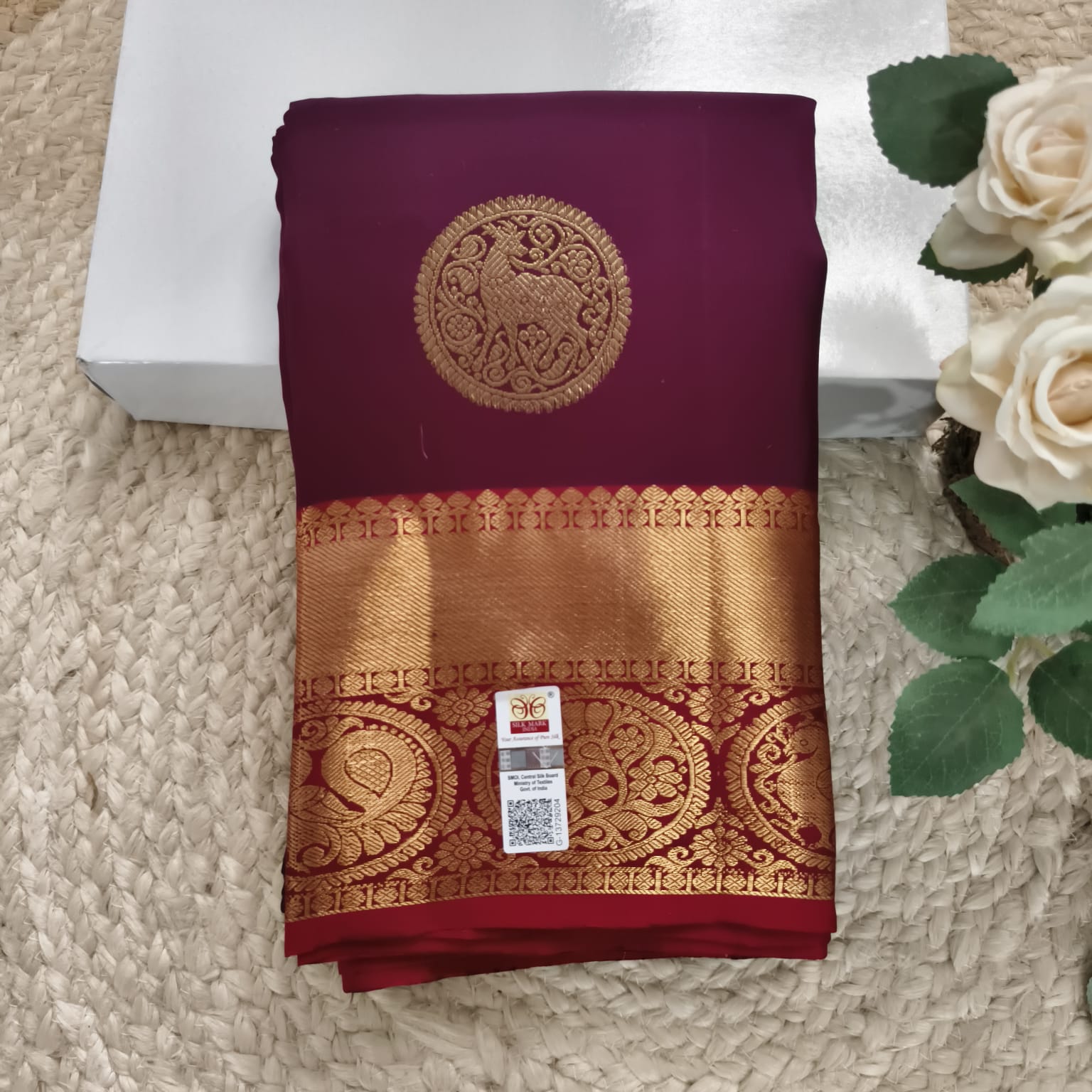 Pure Handloom Kanchipuram Silk Saree -Deep Wine and Maron Contrast