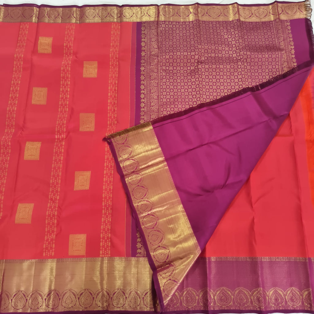 Pure Kanchipuram Handloom Silk Saree – Coral red with Magenta Contrast