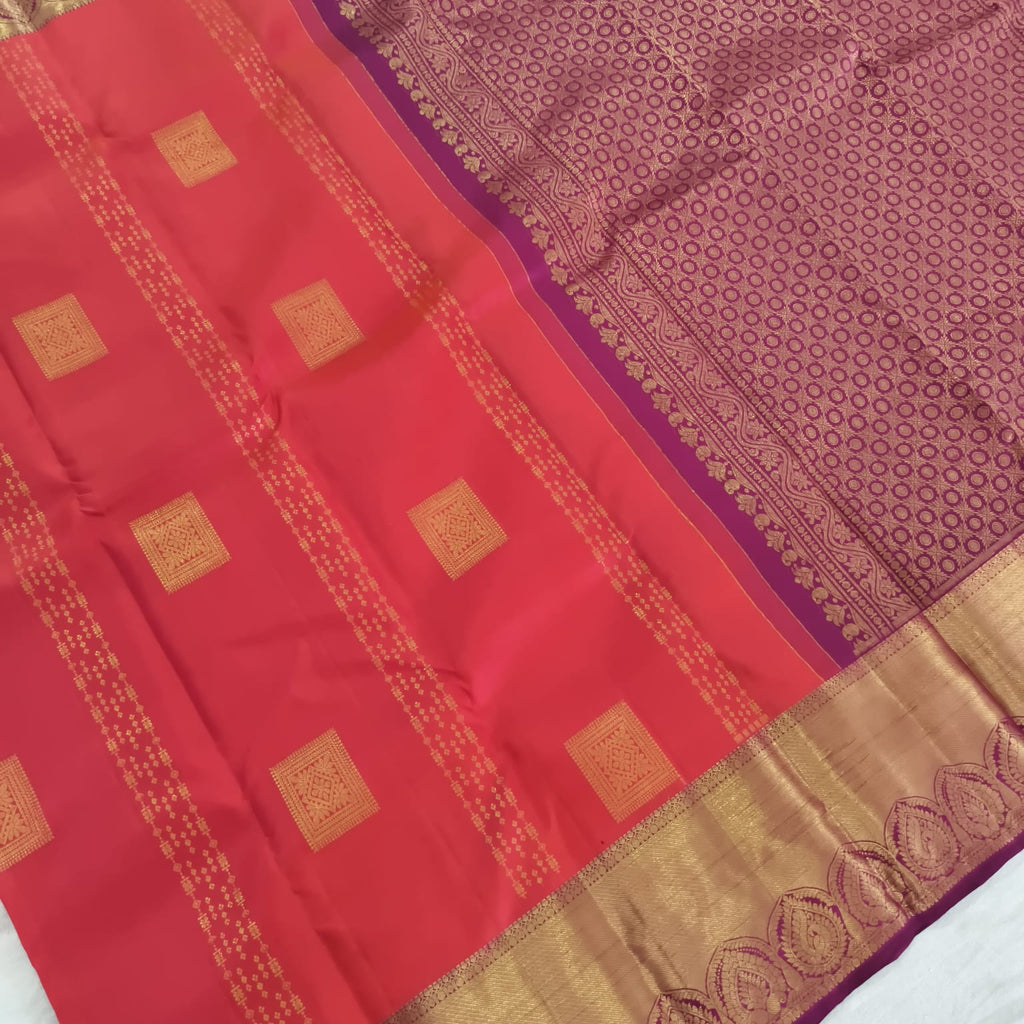 Pure Kanchipuram Handloom Silk Saree – Coral red with Magenta Contrast