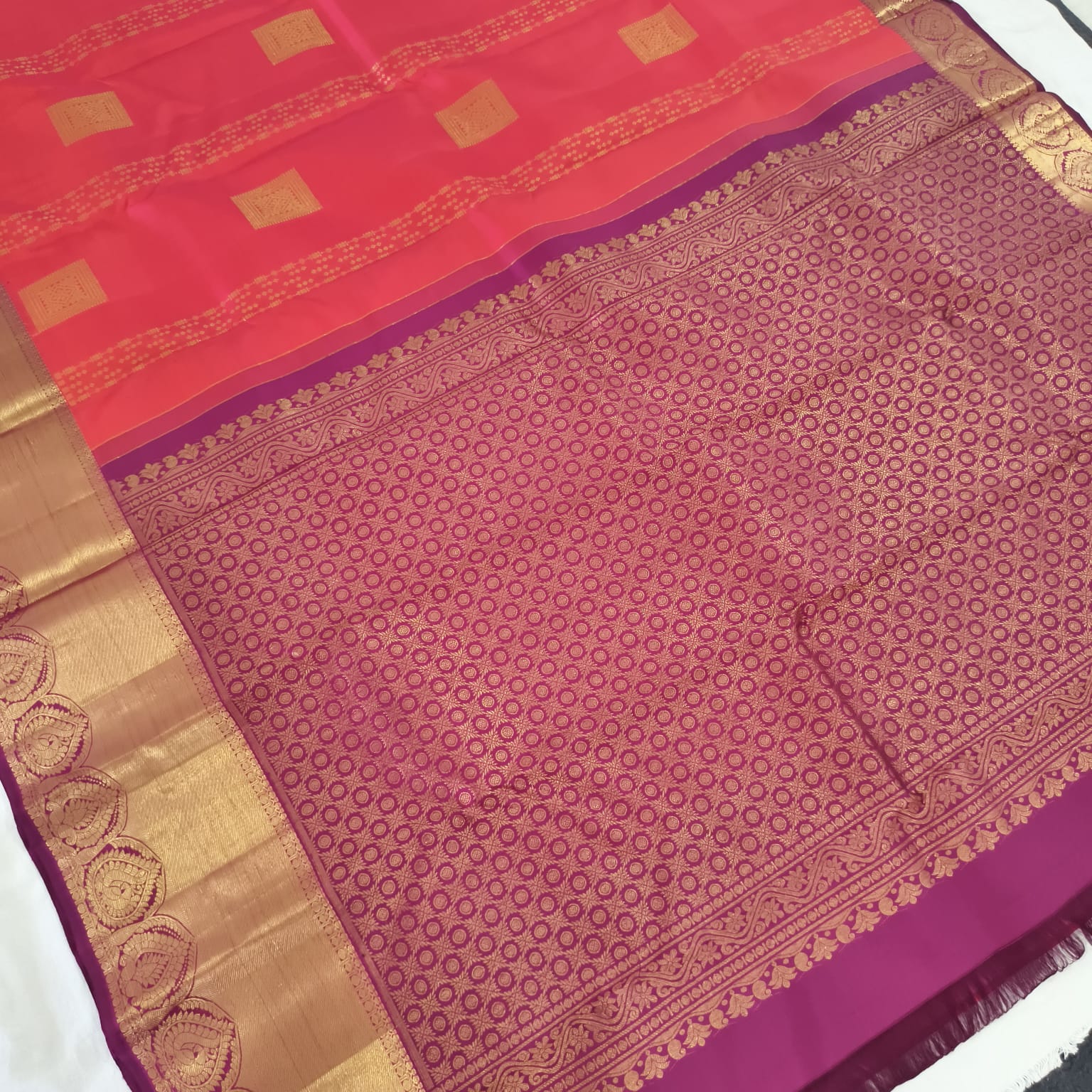 Pure Kanchipuram Handloom Silk Saree – Coral red with Magenta Contrast