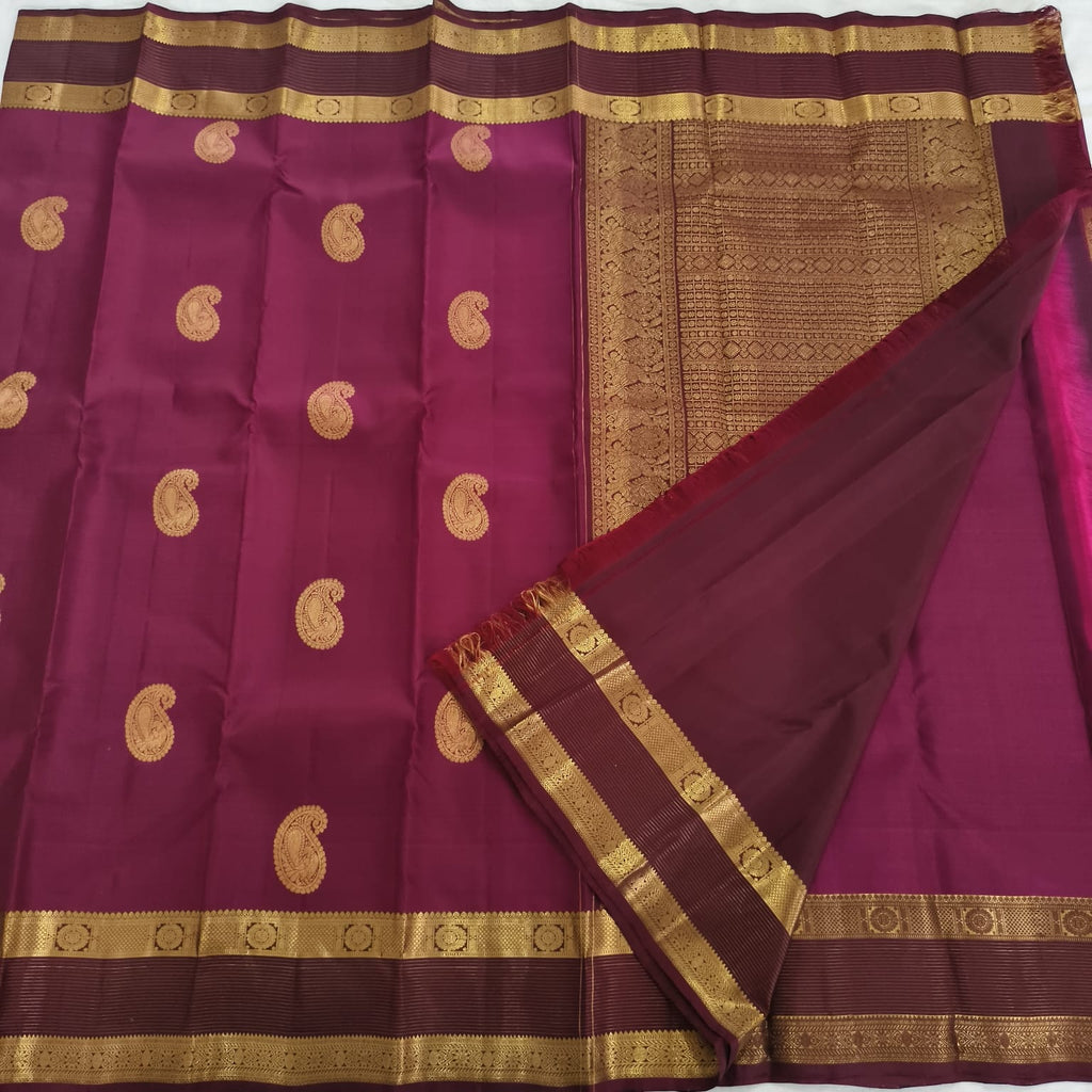 Pure Kanchipuram Handloom Silk Saree – Wine and Dark Maroon Contrast