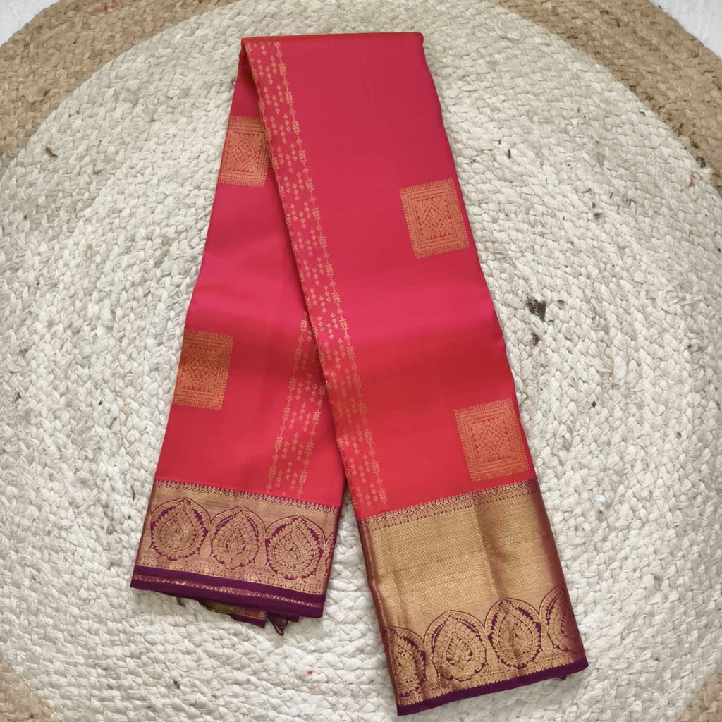 Pure Kanchipuram Handloom Silk Saree – Coral red with Magenta Contrast