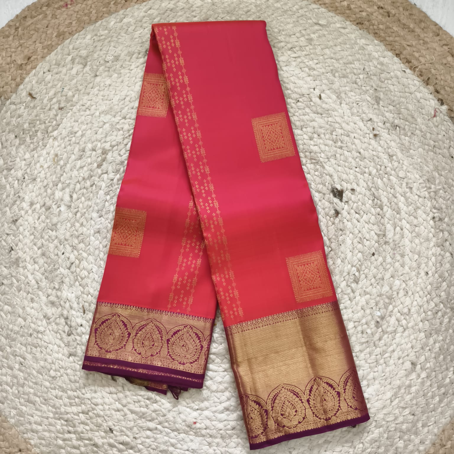 Pure Kanchipuram Handloom Silk Saree – Coral red with Magenta Contrast
