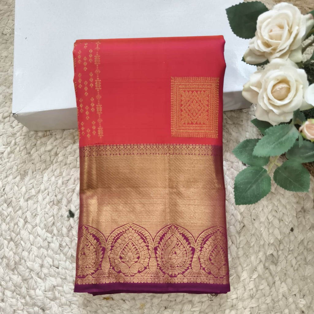 Pure Kanchipuram Handloom Silk Saree – Coral red with Magenta Contrast