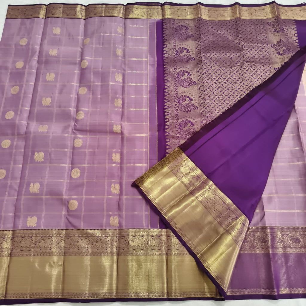 Pure Kanchipuram Handloom Silk Saree – Lilac & Purple Contrast with Checks Pattern