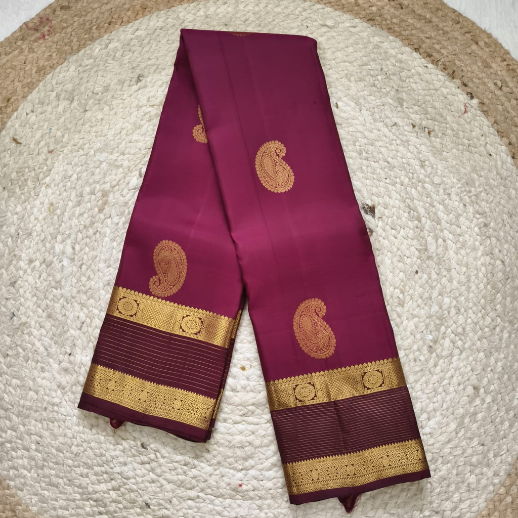Pure Kanchipuram Handloom Silk Saree – Wine and Dark Maroon Contrast