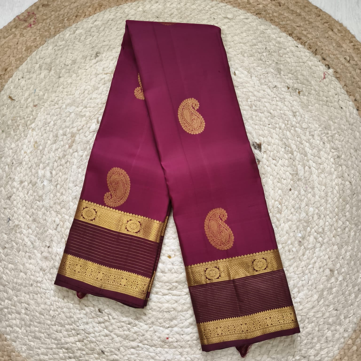 Pure Kanchipuram Handloom Silk Saree – Wine and Dark Maroon Contrast