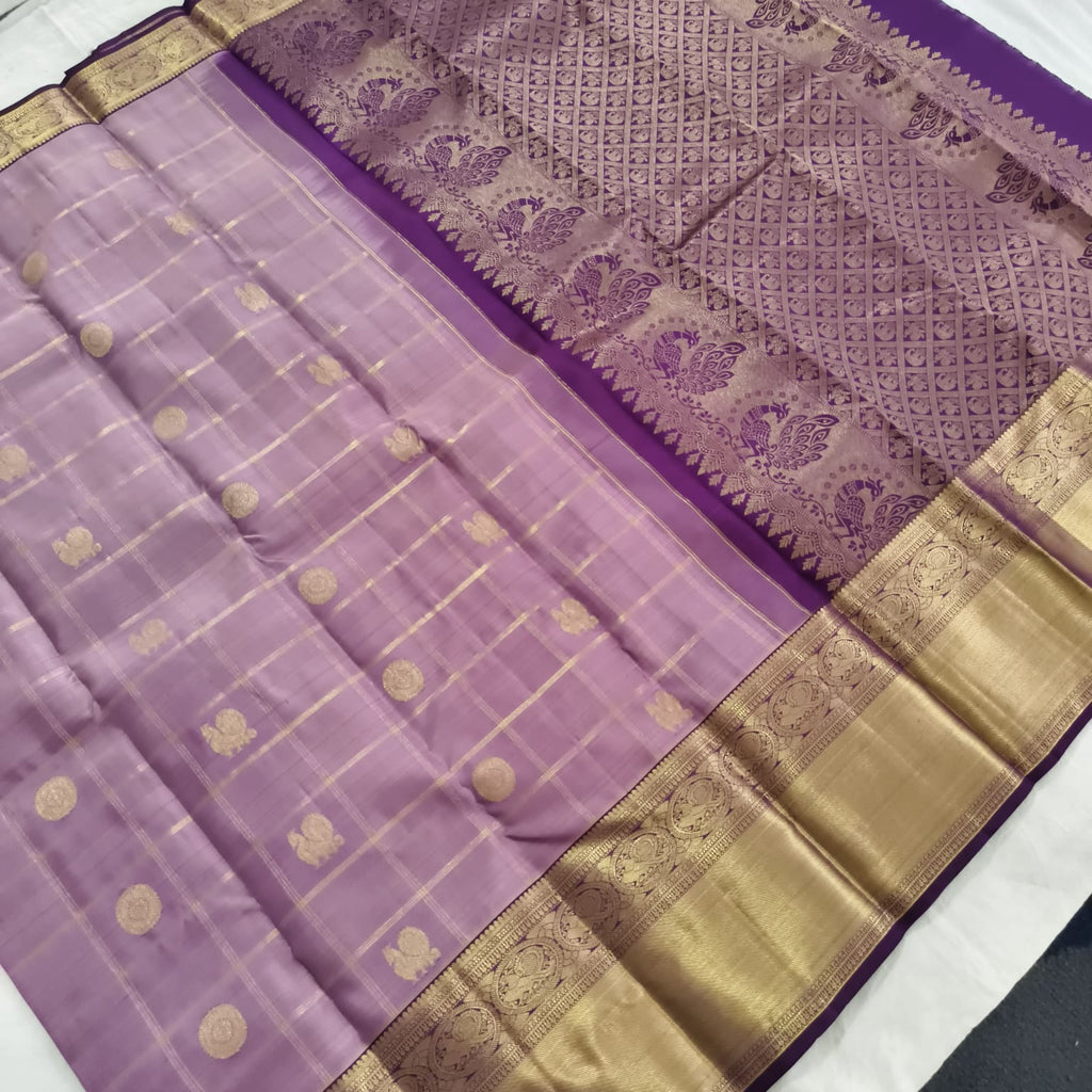 Pure Kanchipuram Handloom Silk Saree – Lilac & Purple Contrast with Checks Pattern